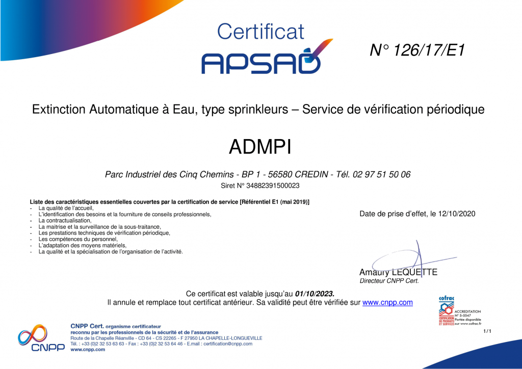 Certificat APSAD - E1 - ADMPI