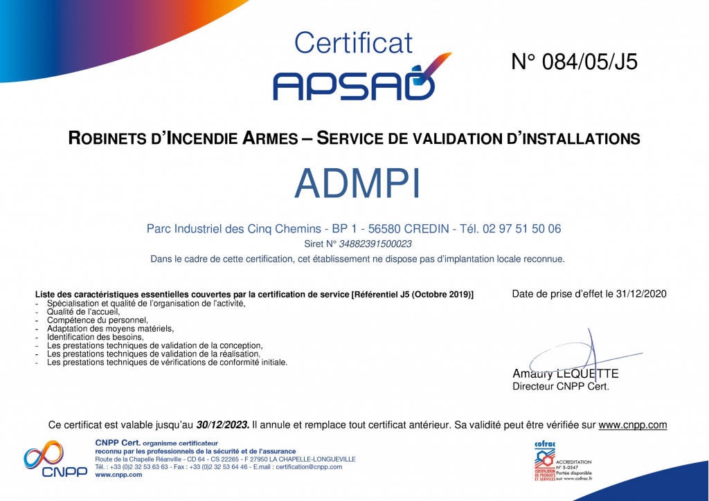 Certificat APSAD - J5 - ADMPI
